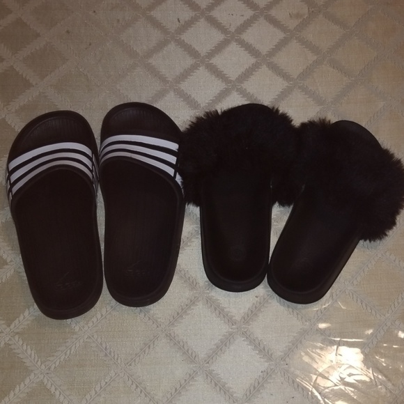 furry adidas slides